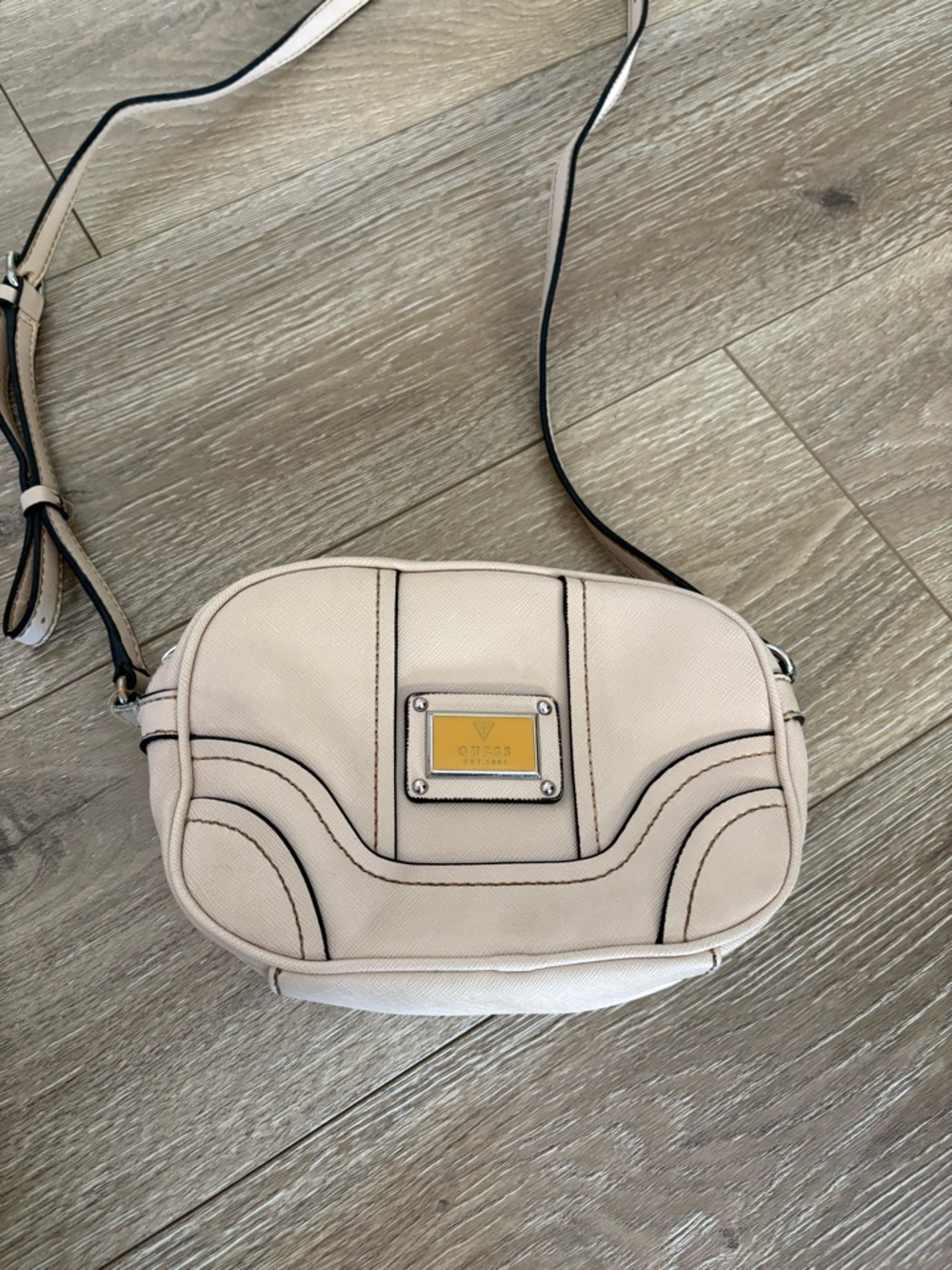 Guess Cream Crossbody Bag with Gold Plaque